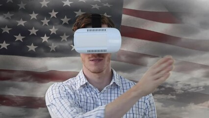 Poster - Animation of man in vr headset over american flag and clouds