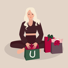 Wall Mural - Young woman wrapping gifts for holidays vector