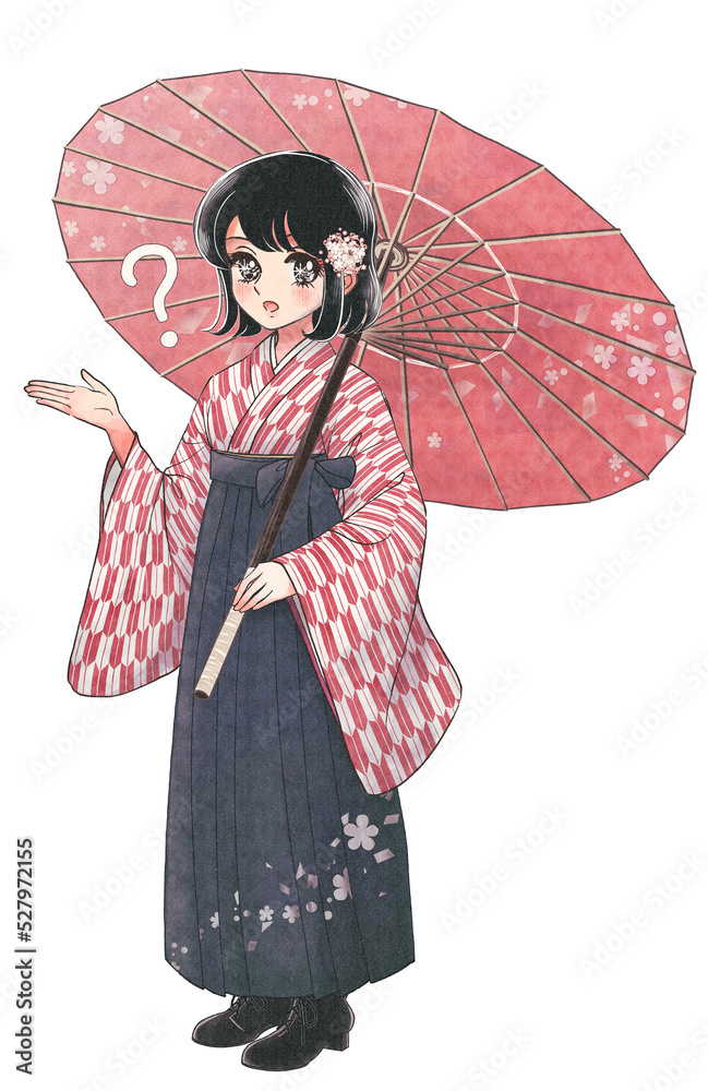 Stock-Illustration „大正浪漫少女漫画・和傘と着物姿が美しい大和撫子