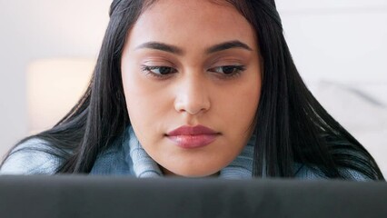 Aufkleber - Young woman, student and laptop reading notes on screen for studying, research and elearning with internet college course, online class and blog planning. Indian person, focus face and work from home