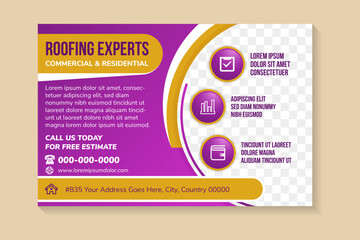 Poster - abstract flyer template design with headline is roofing experts. space of photo collage and text. Advertising banner with horizontal layout. purple gradient on background. brown gold on element.