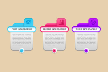 Poster - Concept of arrow business model with 3 successive steps. Three colorful graphic elements. Timeline design for brochure, presentation. Infographic design layout. 3d style design