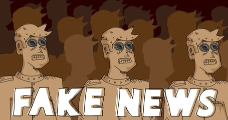Poster - Robot Army with Fake News Text. Line Art Animated video. Future Robotics Cartoon Animation.
