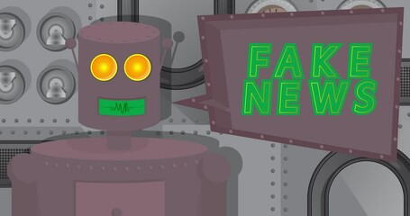 Poster - Robot Saying Fake News with Speech Bubble. Cartoon Animated video. Future Robotics Animation.