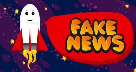 Poster - Rocket in space with Fake News text in red speech bubble. Cartoon Animation.