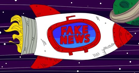 Poster - Rocket in Space with Fake News text on the window. Line Art Cartoon Animation.
