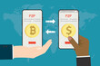 Peer to peer business communication, P2P banner. People send and receive money, secure exchange from currency to bitcoin or cryptocurrency. Multi Ethnic hands holds mobile phones.