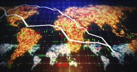 Aufkleber - Finance, world map and stock market 3d screen for investment network dashboard technology. Analytics, ui and bitcoin business information overview with futuristic design overlay for investor.