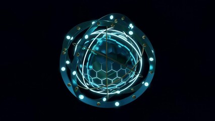 Wall Mural - abstract 3d render futuristic sci-fi construction of shiny sphere lights rings and other objects rot