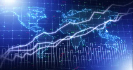 Aufkleber - 3d chart, graphs and futuristic world map or growth of world economy in the background. Global money data, investment and stock market financial statistics and analytics for crypto, nft or forex.