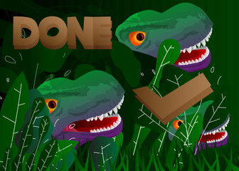 Fototapete - Dinosaur with speech bubble saying Done word. Tyrannosaurus Rex with thoughts.