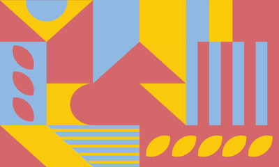 Poster - Simple background in red and yellow basic color with abstract geometric pattern. Minimalist flat wallpaper and soft colors. Triangle, square, rectangle, circle, rhombus and other shapes