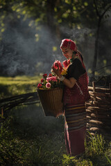 Wall Mural - Beautiful Asian young tribal lady in the native traditional dress culture of Karen people minority ethnic culture. Portraits of identity dress folk applying fashion concepts.