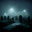 Cemetery at night in the fog. Horror Halloween background
