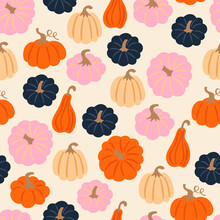 Seamless Pattern For Autumn Season With Pumpkin. Childish Background For Fabric, Wrapping Paper, Textile, Wallpaper And Apparel. Vector Illustration