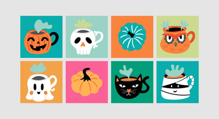 Wall Mural - Halloween holiday cute pumpkin and coffee cup set. Childish print for cards, stickers, party invitation and decoration. Vector illustration