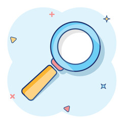 Canvas Print - Vector cartoon magnifying glass icon in comic style. Search magnifier illustration pictogram. Find search business splash effect concept.