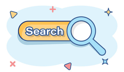 Fototapete - Vector cartoon search bar ui icon in comic style. Search website form illustration pictogram. Find search business splash effect concept.
