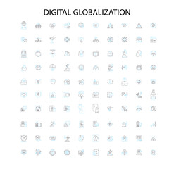 Fototapete - digital globalization icons, signs, outline symbols, concept linear illustration line collection