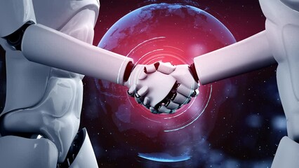 Poster - 3D rendering hominoid robot handshake to collaborate future technology development by AI thinking brain, artificial intelligence and machine learning process for 4th industrial revolution.