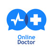 Telemedicina. Logo de médico en línea. Atención médica remota. Silueta de cruz medicina y pulso en conversación de 2 burbujas de habla aislada
