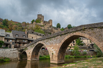 Sticker - Belcastel medieval castle and town in the south of France, Aveyron Occitania, view of the antique medieval stone buildings, High quality photo