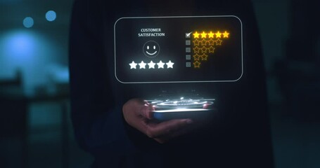 Poster - Customer experience, review and hologram ecommerce rating with digital signage, fintech and technology with phone. Vote, tech and online shopping with technology abstract, software or ux design