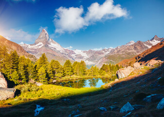 Sticker - Attractive view of Grindjisee lake with Matterhorn spire. Switzerland, Europe.