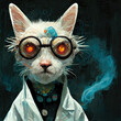 A mad cat scientist at research on a dark background
