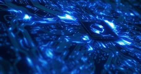 Leinwandbilder - Cpu mobile programming, big data and information technology in 5g network, digital future media and IT programming on blue memory drive. Abstract coding analytics, cyberpunk animation and global wifi