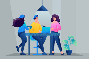 Poster - young freelancers discuss the project. a creative team. coworking, remote work. concept of web desig