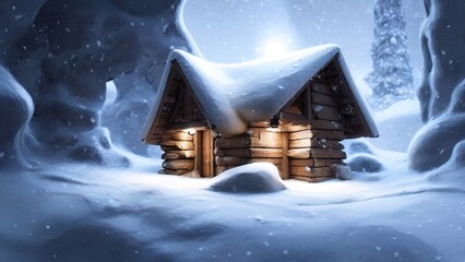 House in the forest in winter. Wooden small house under the snow, winter landscape, snowy firs, wooden house light in the window, snowy mountains, gorges. Beautiful fairytale winter atmosphere. 3D