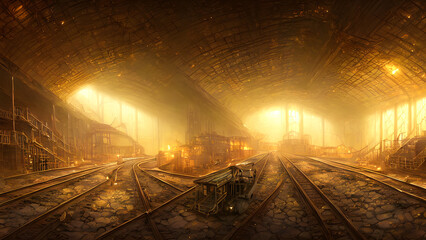 Wall Mural - Artistic concept painting of a gold mine and small gold nuggets, background illustration.