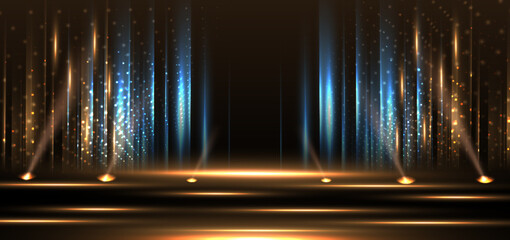 Wall Mural - elegant golden stage vertical glowing with lighting effect sparkle on black background.