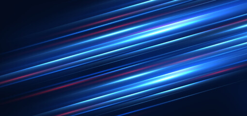 abstract technology futuristic glowing blue and red light lines with speed motion blur effect on dar