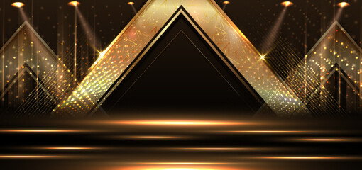 Wall Mural - elegant golden stage vertical glowing with lighting effect sparkle on black background. template pre