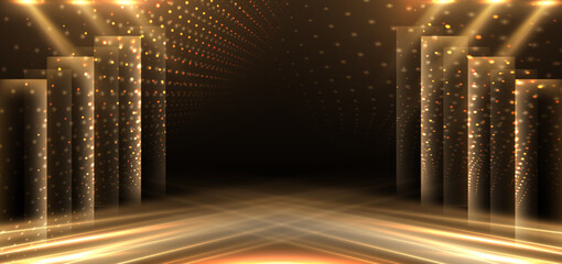 Elegant golden stage diagonal glowing with lighting effect sparkle on black background. Template premium award design.