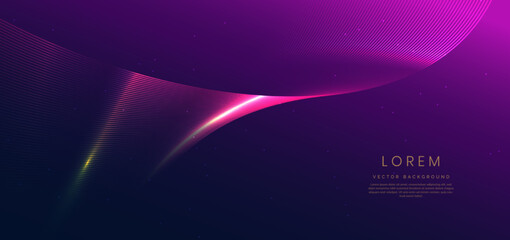 Abstract luxury glowing lines curved overlapping on dark blue and purple background. Template premium award design.