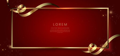 Abstract 3d gold curved ribbon on red background with lighting effect and sparkle with copy space for text. Luxury frame design style.