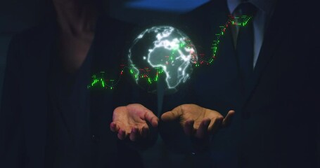 Aufkleber - Futuristic hologram and palm with global data of trading, investment and stock market. Business people with digital 3d earth or virtual cyber world with chart for forex or bitcoin financial growth