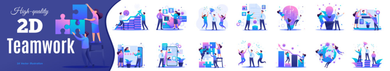 Poster - set flat concepts of teamwork in business. young teams start businesses, attract investments, celebr