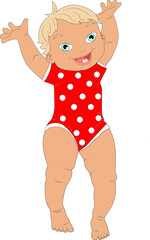 A toddler in a red polka dot overalls is learning to walk.