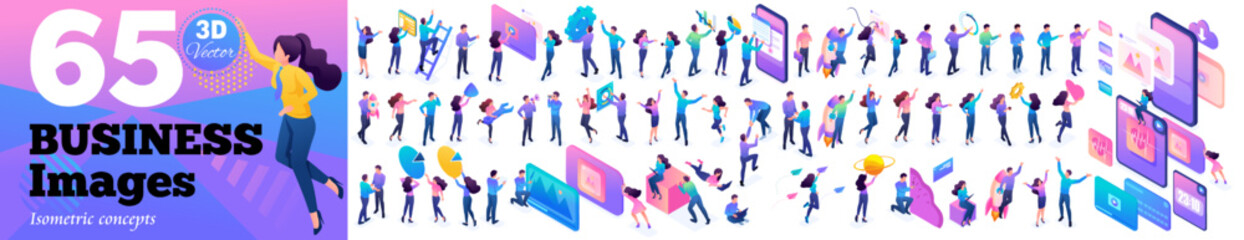 Poster - set isometric concepts. young businessmen with charts and graphs collect and research data. using ga