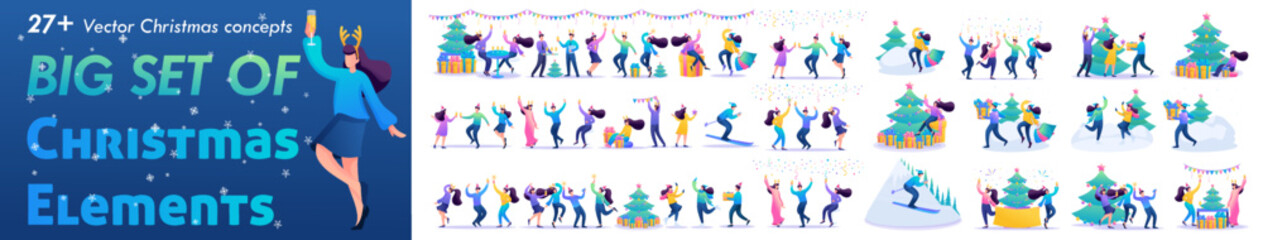 Big Set Flat Concepts of merry christmas holidays. Illustrations of Christmas holidays, people having fun and dancing. For Vector Illustrations
