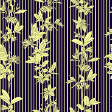 Vector Seamless Pattern With Flowering Honeysuckle At Dark Violet Background With Yellow Stripes , Hand Drawn Botanical Illustration