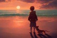 Boy Standing At Beach With His Puppy Dog Looking At Sunset, Digital Painting