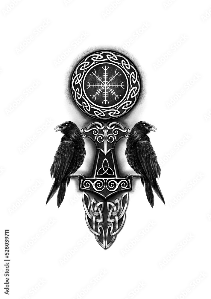 Odin's Ravens Tattoo design for man with Viking's symbols. Ravens