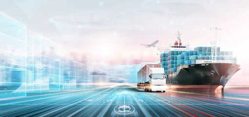 Wall Mural - Smart Logistics Digital Marketing Technology Concept, Double Exposure Polygon Wireframe of Container Cargo Freight Ship, Plane, Truck, Growth Graph, Modern Future Import Export Transport Background