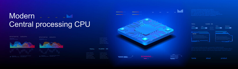 Poster - futuristic central processing unit for computer on modern cyber background with hud elements. comput