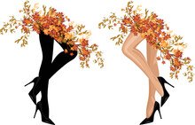 Sexy Woman Slim Legs Wearing High Heels Stiletto Shoes With Skirt Made Of Autumn Tree Branches  - Fall Season Fashion Sale Vector Design Set